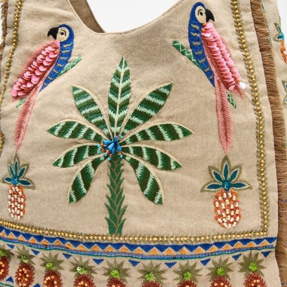 NEW ZARA Beaded Shopper Parrot Ananas Summer Tropical Scene Shoulder Hobo Bag - Picture 4 of 8